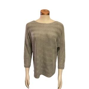 TAHARI 100% Linen Top Boho Taupe Gray Brown Medium BOHO 3/4 Sleeve